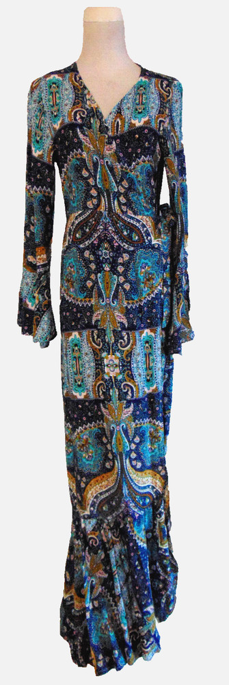 ADELE B. WOMENS COTTON PAISLEY LONG WRAP DRESS MULTI COLOR RUFFLED BOTTOM ~ S