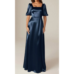 AW BRIDAL 2 XS Dark Navy blue Etta crystal satin formal gala maxi dress NEW b38