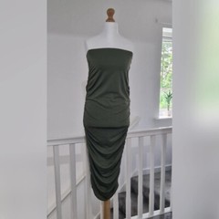 Ladies Khaki Green Strapless Ruched Bodycon Midi Dress Shein Designer UK 10-12