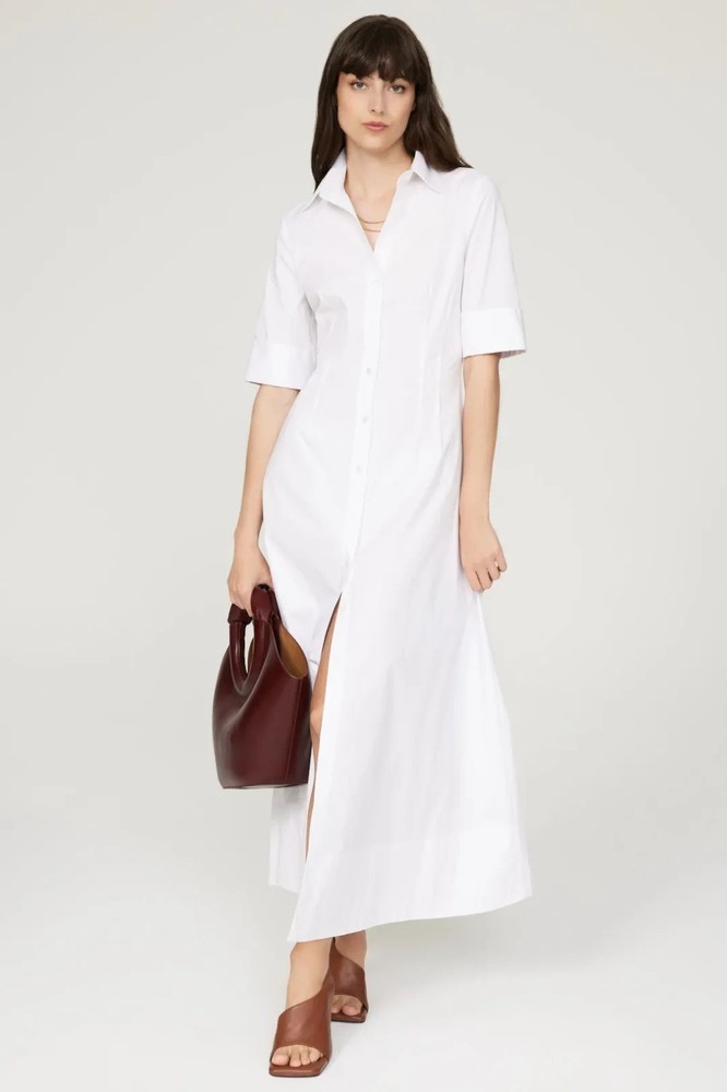 STAUD Joan White Corset Seam Cuffed Short Sleeve Button Maxi Shirt Dress Size 8