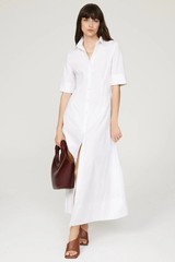 STAUD Joan White Corset Seam Cuffed Short Sleeve Button Maxi Shirt Dress Size 8