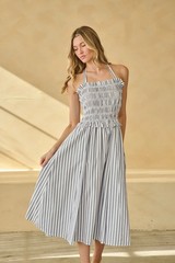 SUGARLIPS NWT $99 Kolin Smocked Striped Ruffle Midi Halter Dress Size Small