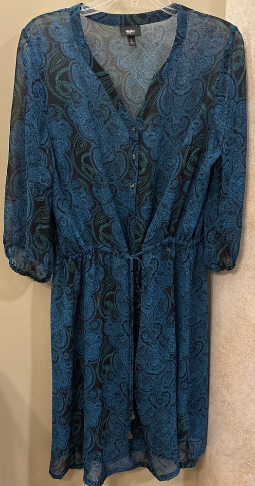 Mossimo Sheer Teal Blue&Green Paisley Print 3/4 Sleeve Drawstring Waist Dress L
