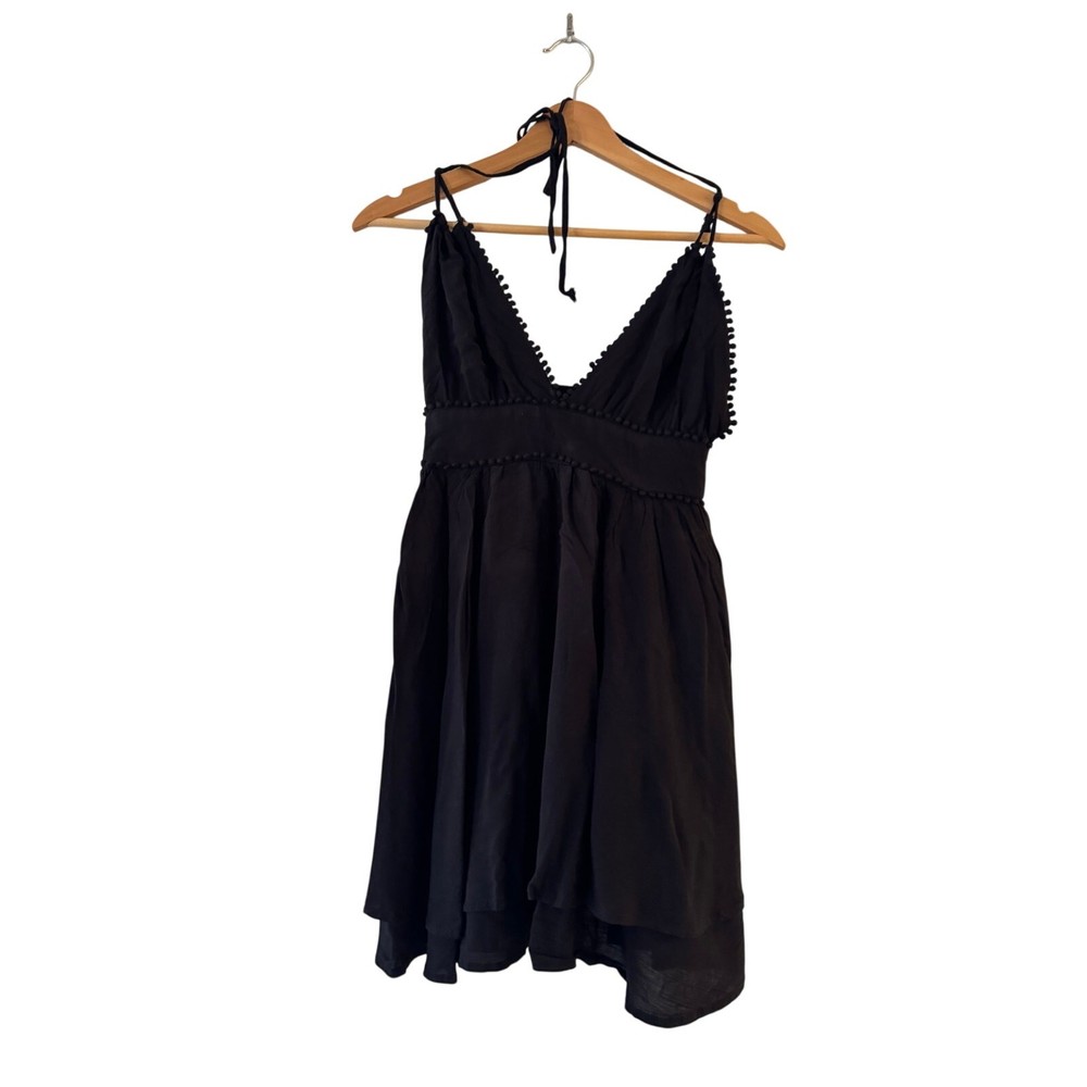 Pom Pom Trim Halter Backless Cover Up Mini Dress Sz. S Black Strappy Boho Summer