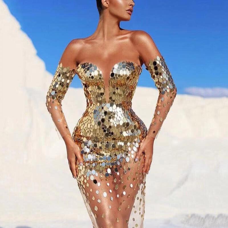 Sequins Women&rsquo;s Deep V Neck Mini Dress Cocktail Ball Gown Occident Slim Fit Sexy