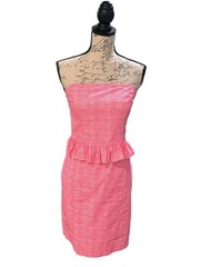 Lilly Pulitzer Lowe Fiesta Pink Gingham Dress w/ Peplum Waist Sz 2 Imperfections