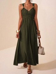 2026 Women&rsquo;s V Neck Sleeveless Maxi Dress Solid Color Beaded Summer Long Dress