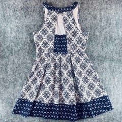 Rewind Fit Flare Dress Womens L Navy Blue Keyhole Back Boho Preppy Mediterranean