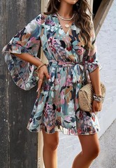 Women Mini Dress, Deep V-Neck Long Sleeve Waist Tie Ruffle Green Dress, Size M