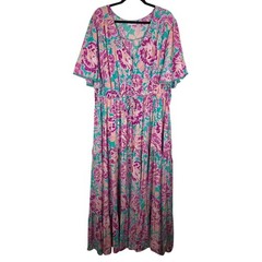 Proud Poppy Dress US Plus Sz 18 Pink Floral Maxi Tiered Boho Resort Cottagecore