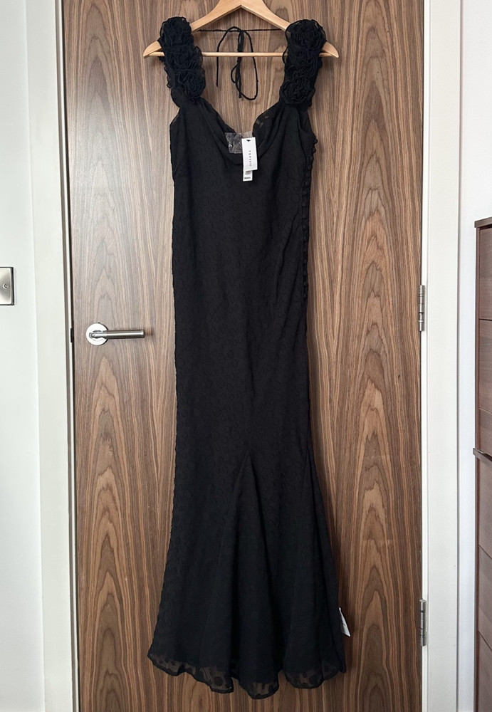 Topshop Premium Black Jacquard Spot Floral Applique Strap Godet Maxi Dress UK 10