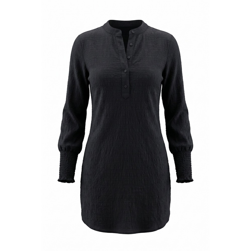 Steve Madden Black Textured Henley Mini Dress Long Sleeve Smocked Cuff XS