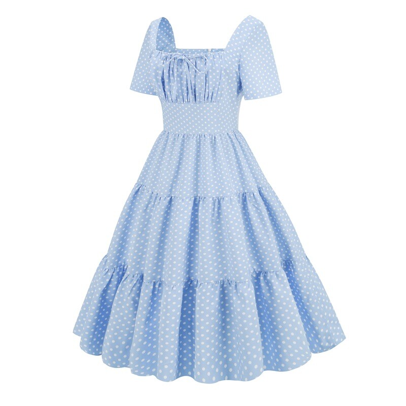 Retro Wave point Short sleeved Splicing Waist retraction Dress Cake skirt