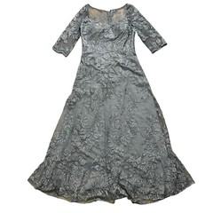 La Femme Dress Sz 12 Floral Lace Gown Gray Silver Sweetheart 3/4 Sleeve READ