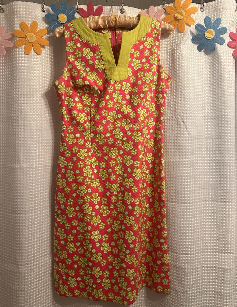 “Lilly Pulitzer”Pink/Green Floral Shift Dress Sleeveless V-Neck Size 2 Vintage