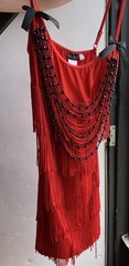 Dreamgirl Red Flapper Mini Dress M Beaded Fringe Stretch Scoop Neck Party