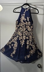 XSCAPE Dress Women’s 4 Navy Blue Beige Floral Fit Flare NYE Holiday Cocktail