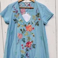 Johnny Was Workshop Adele Drape Cotton Blue Tunic Dress Women Sz S NEW