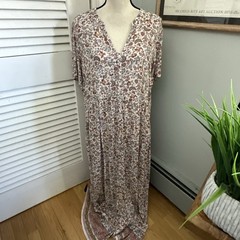 J Jill Maxi Dress Womens Large Beige Micro Floral Shift Earthy Prairie Boho Chic