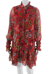 Alexis Women Shift Dress Red Floral High Neck Long Sleeve Button Size S