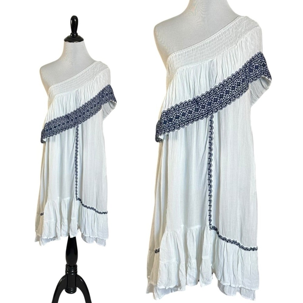 Muche & Muchette Embroidered Ruffle One Shoulder Mini Dress White One Size Beach