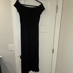 LOFT Petites SP Black Solid Knit Maxi Dress Stretch Scoop Neck/off shoulder