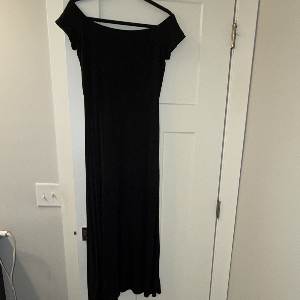 LOFT Petites SP Black Solid Knit Maxi Dress Stretch Scoop Neck/off shoulder