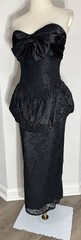 Sz 10 VINTAGE Black Peplum Lace Ruffles Satin Column MIDI Dress strapless Bow