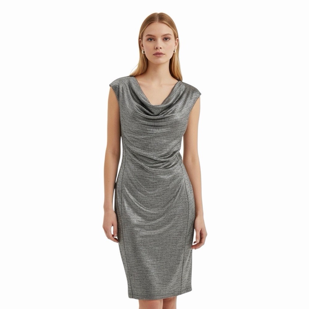 Scarlett Metallic Shiny Silver Grey Drape Sheath Sleeveless Cowl Neck Dress Sz 6