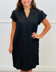 Women&rsquo;s Black Solid V-Neck Shift Dress Knee Length Short Sleeve Pockets Sz XL