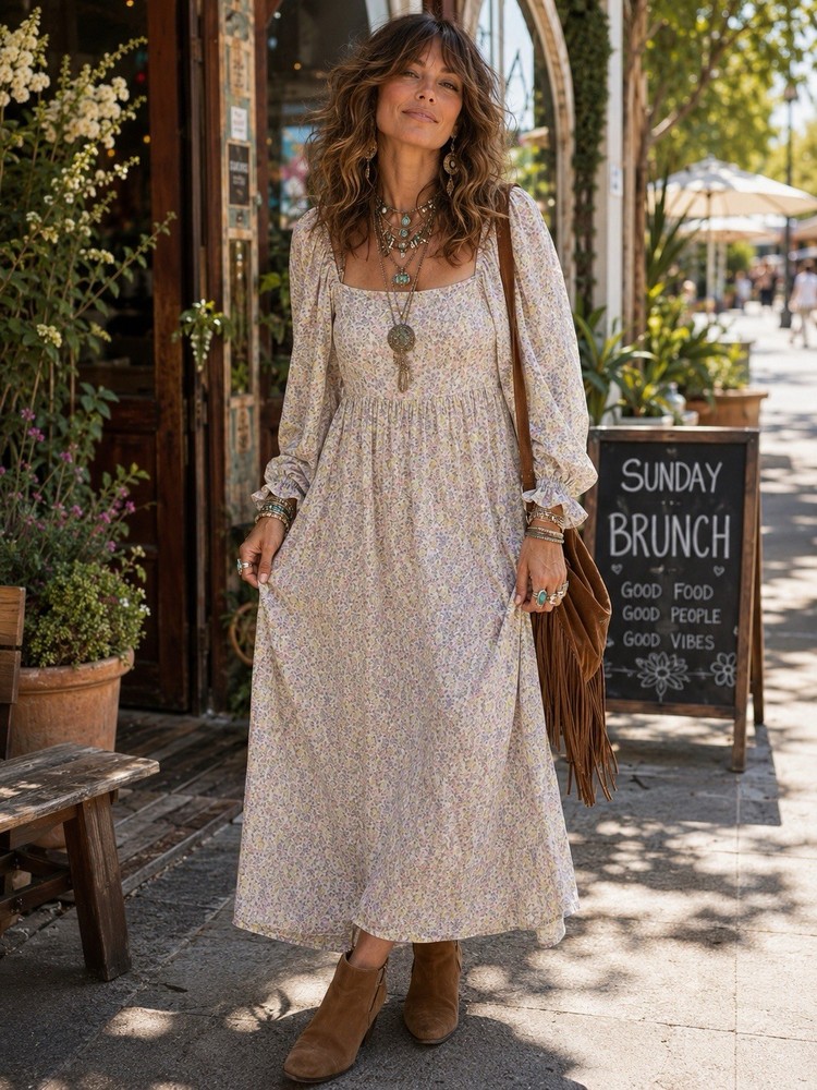 Things Between Floral Maxi Dress M Cottagecore Boho Puff Sleeve Lined NWOT