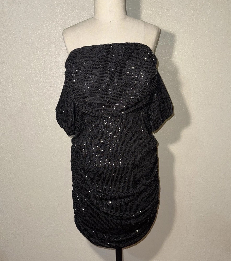 PrettyLittleThing Plus Black Sequin Off Shoulder Ruched Mini Dress NWT 14