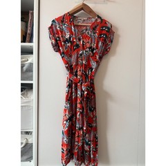 LOFT Red Tropical Floral V-Neck Button Front Tie Waist Midi Dress Size 6P