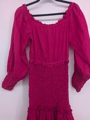 NWOT Alexis Thalssa Off The Shoulder Shirred Maxi Dress Sz M Fuchsia Dot #1H451