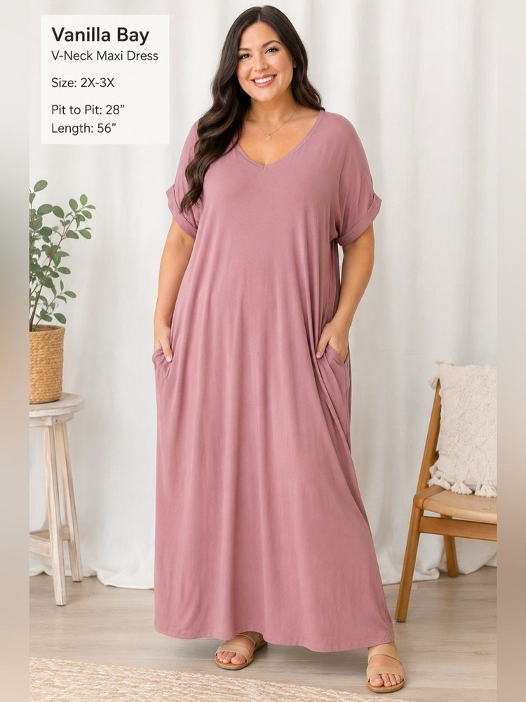 🌸 Vanilla Bay Mauve V-Neck Maxi Dress | 2X-3X