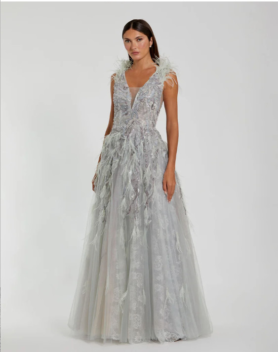MAC DUGGAL 20259 EMBELLISHED FEATHERED SLEEVELESS A-LINE SEAMIST GOWN sz 12