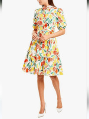 Donna Morgan Womens Dress 4 Citrus Fruit Novelty Puff Sleeve Belt Cotton Novelty