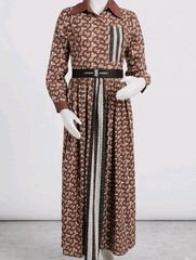 Lian Dian Yi Zhi Monogram Pleated Maxi Dress Brown Tan Long Sleeve Collar M