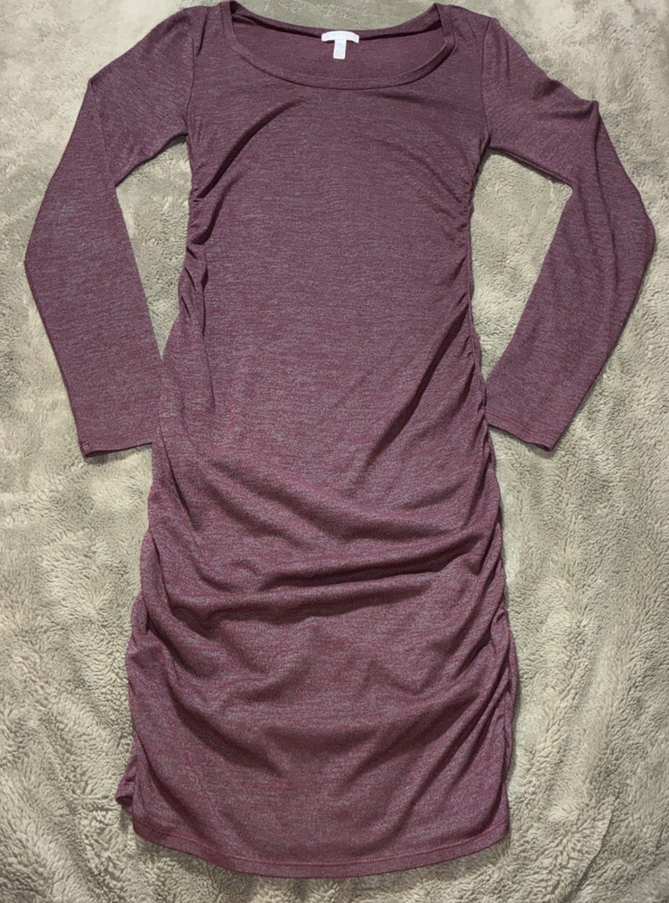 Leith Burgundy Heathered Ruched Bodycon Long-sleeved Dress, Size Small