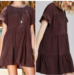 NWT Altar&rsquo;d State Tiered Corduroy Textured Lined Mini Dress Raisin Brown, Small