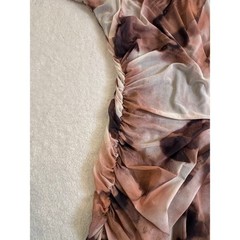 SHEIN Brown Marble Print Mesh Ruched Bodycon Maxi Dress Long Sleeve XL 12