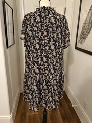 LOFT Navy Pink Green Gold Floral A-Line Dress High Neck Ruffle Flutter Sleeve M