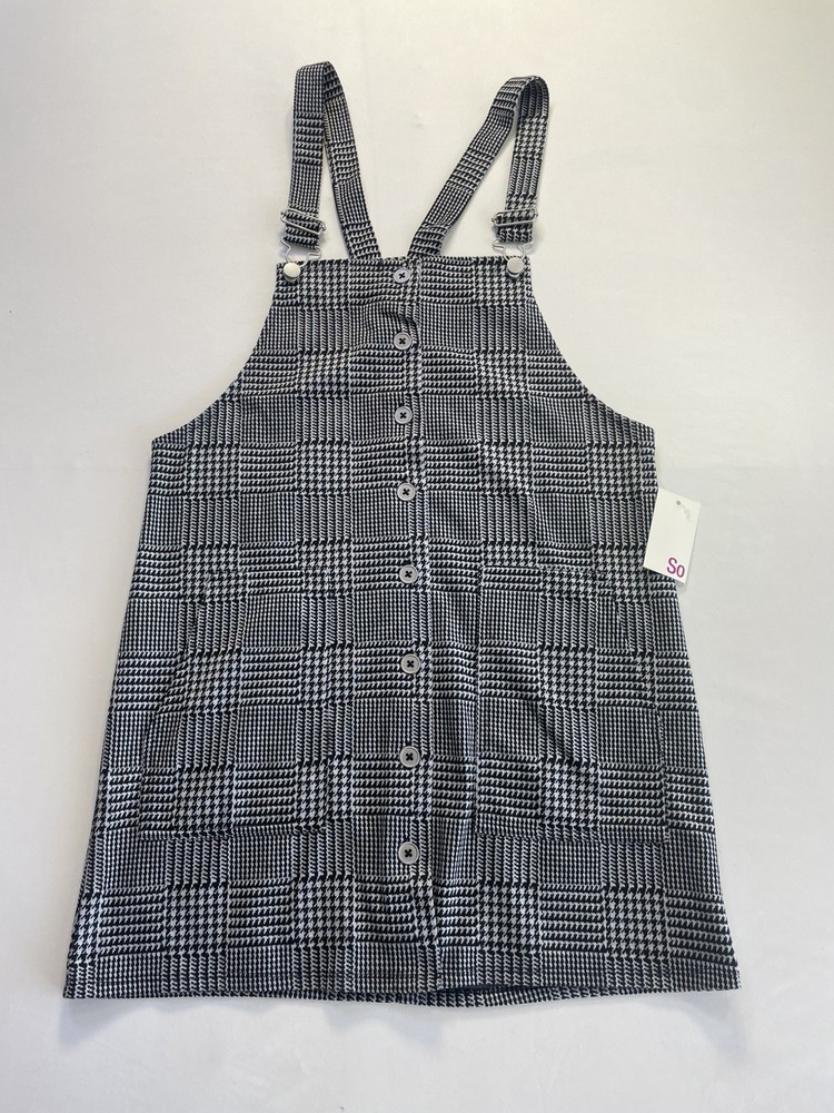 SO Button Front Pinafore Overall Mini Dress Women’s Large Black Plaid NWT