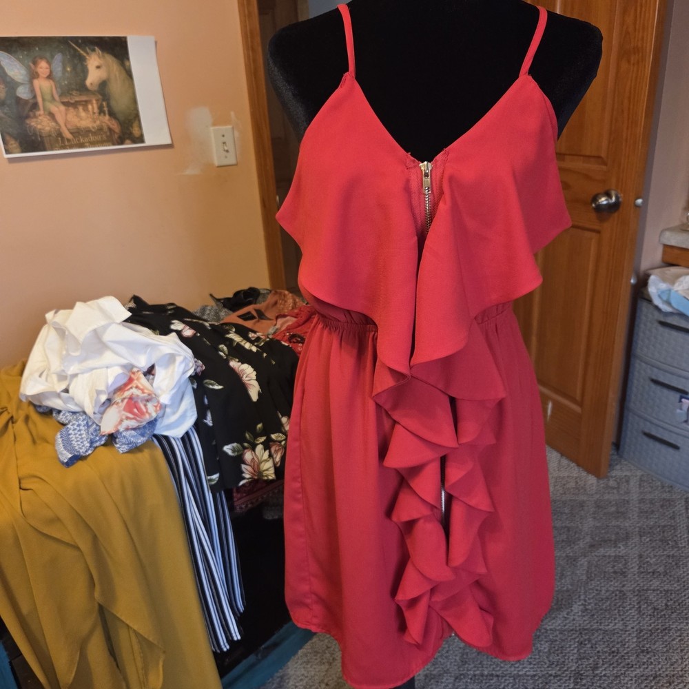 ALYA 100% Polyester Red Sleeveless Ruffle Mini Dress Size M