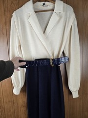 St. John by Marie Gray Knit Dress Cream Navy USA Made Size 6 Vintage
