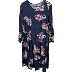 Navy Blue Paisley Long Sleeve Crew Neck Shift Dress Red White Print