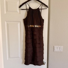 Caché Y2K Brown Iridescent Tiered Halter Mini Dress Jewel Embellishment Size 8