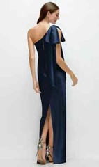 After Six Midnight Navy Blue One Shoulder Bow Satin Gown Size Medium $269 6900