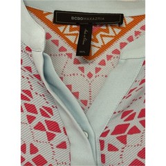 BCBG MAXAzria Stela Poncho Light Blue Tunic Pink & Orange Geometric Print M/L