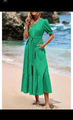 PrettyGarden S Green Solid A-Line Midi Dress V-Neck Puff Sleeve Button Tie